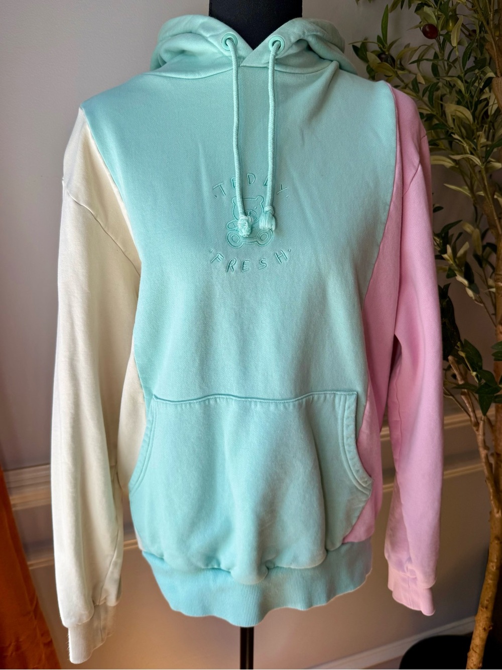Teddy Fresh Colorblock Hoodie Pastel Blue Pink Cream Bear Logo Small